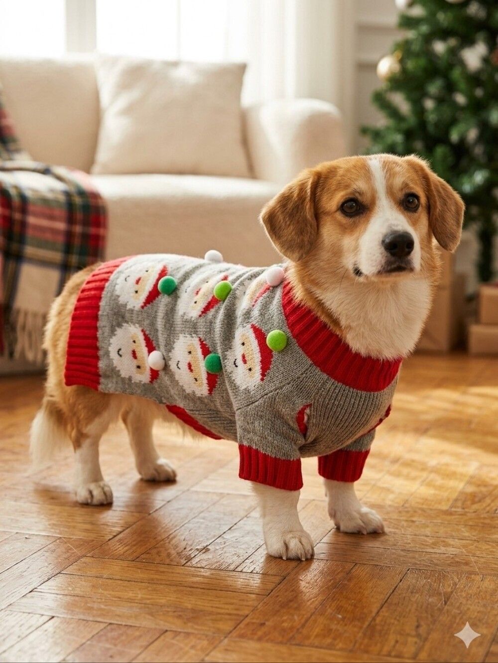 Festive Santa Holiday Dog Sweater - Gray/Red -Good Condition